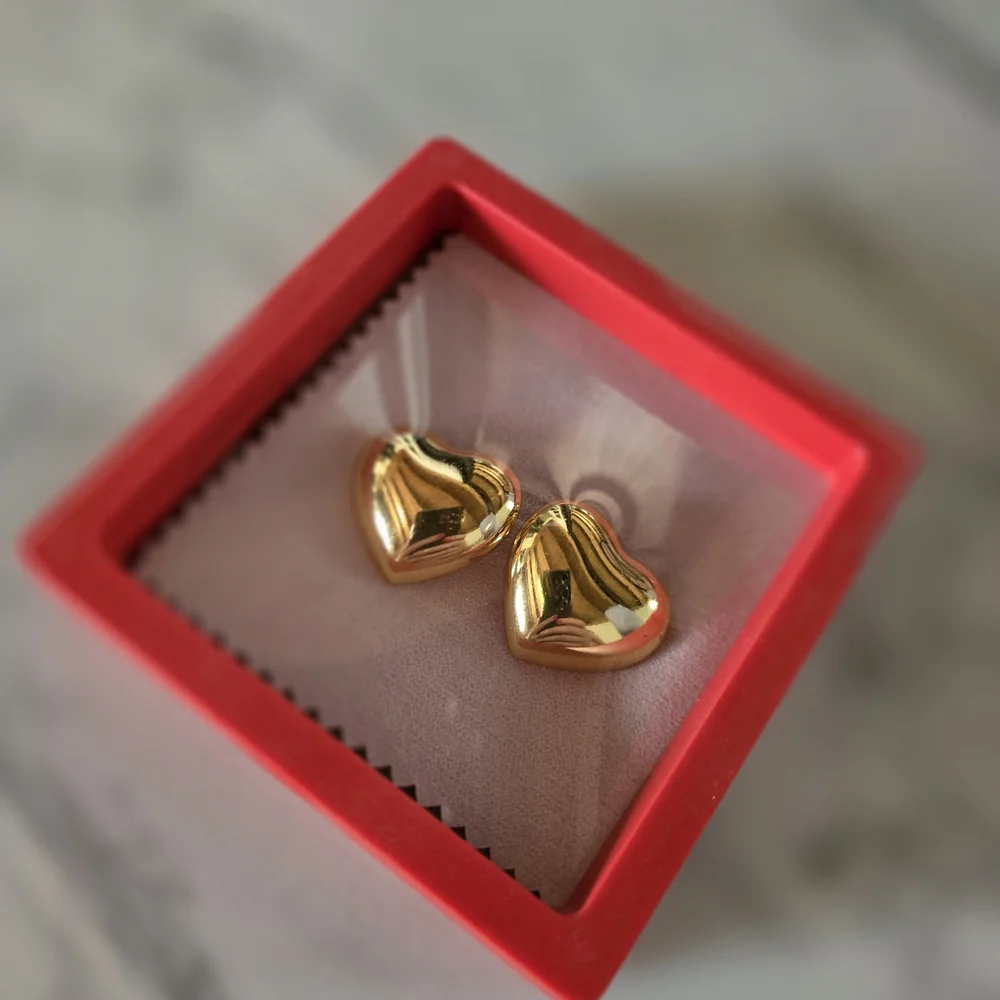 โจ Stainless Steel Gold Puffy Heart Stud Earrings โจ - Picture 2 of 8
